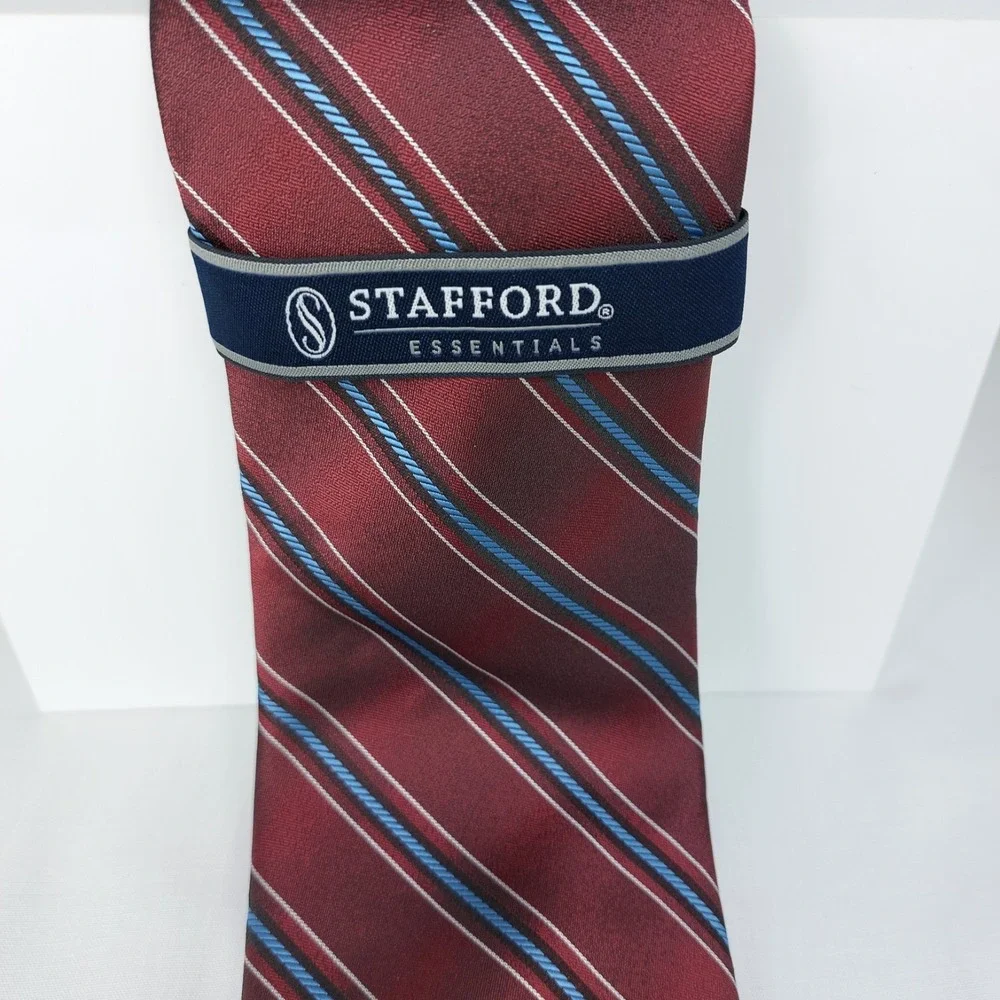 Stafford Essentials Striped Tie Burgundy Wine Maroon Blue Silk‎ Necktie New 3.5